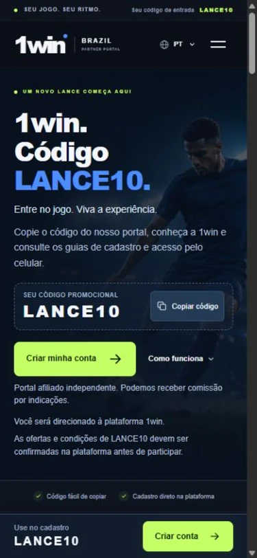 Captura da home do portal 1WIN Brazil no celular, com LANCE10 e controles de acesso.