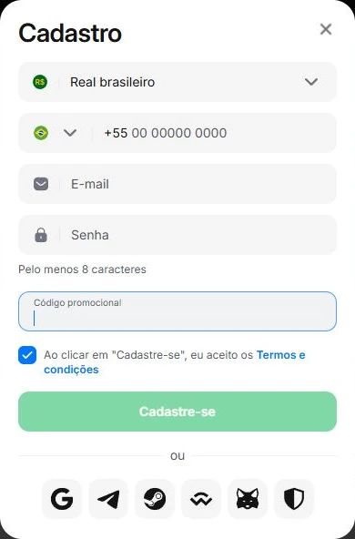 Captura do modal Cadastro da interface em português, com o campo Código promocional exibido e sem dados pessoais.