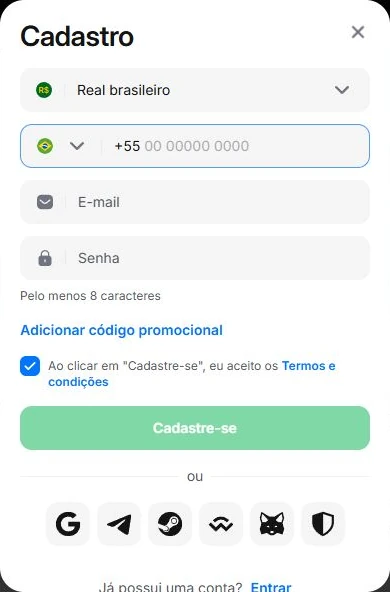 Captura da tela Cadastro em português, com campos de moeda, telefone, e-mail, senha e código sem preenchimento.