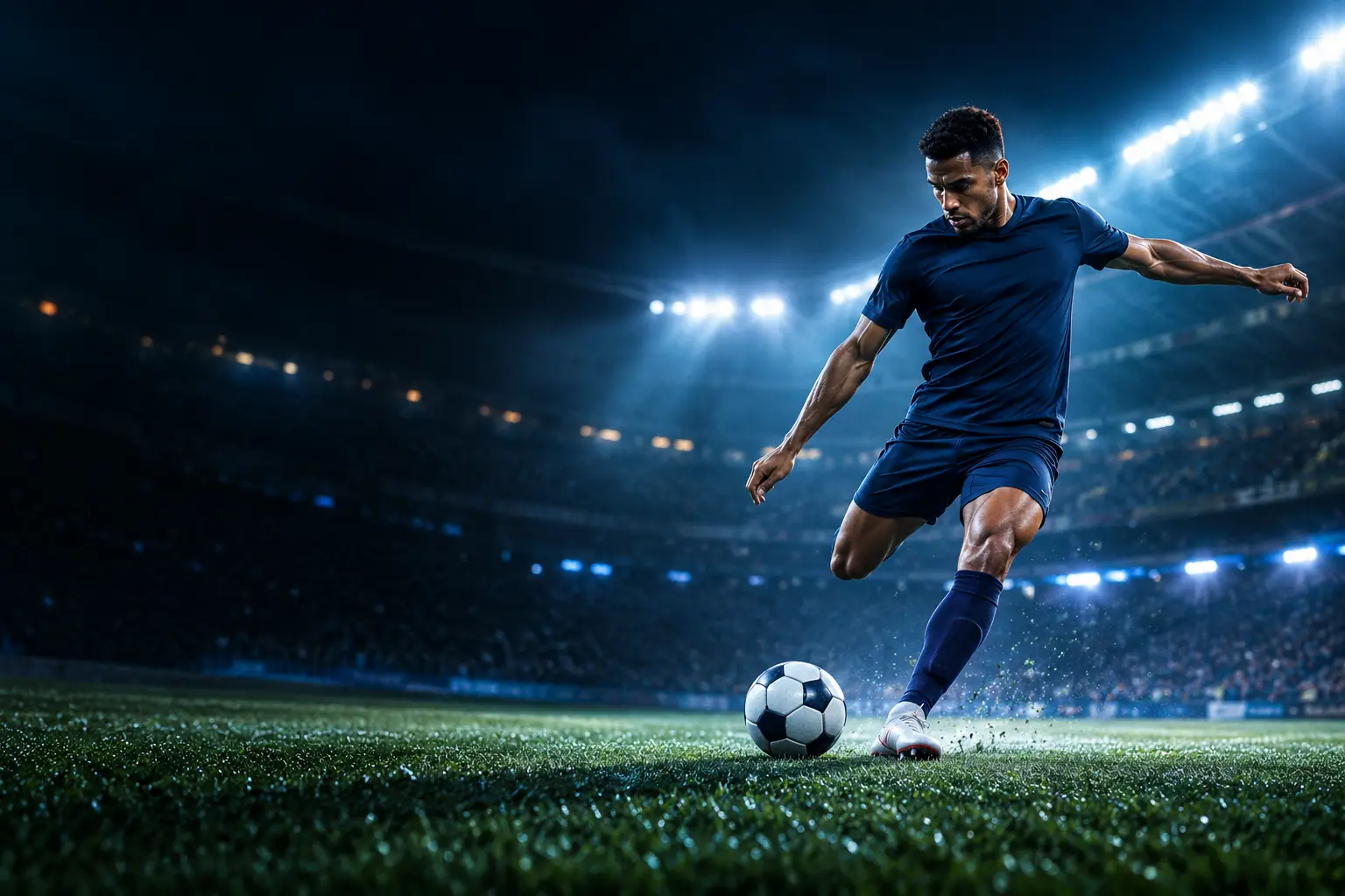 Ilustração esportiva de um jogador fictício de futebol em um estádio noturno